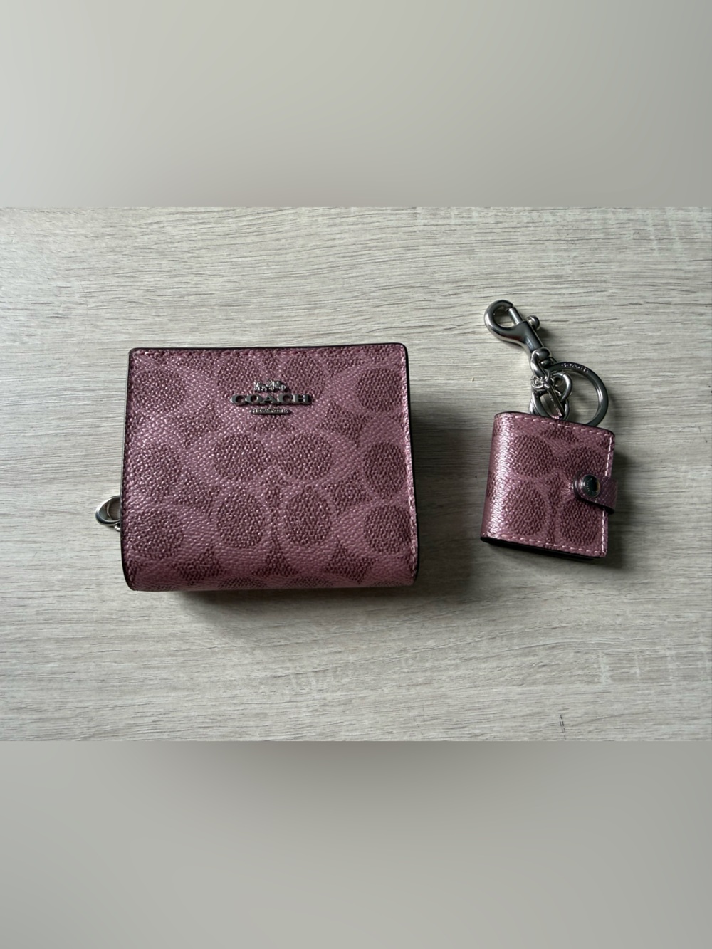 Coach Metallic Pink Signature snap wallet and bag charm set